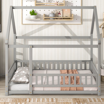 Floor Wooden Bed With House Roof Frame, Fence Guardrails - The Sleep Loft - Online Mattress Showroom NYC