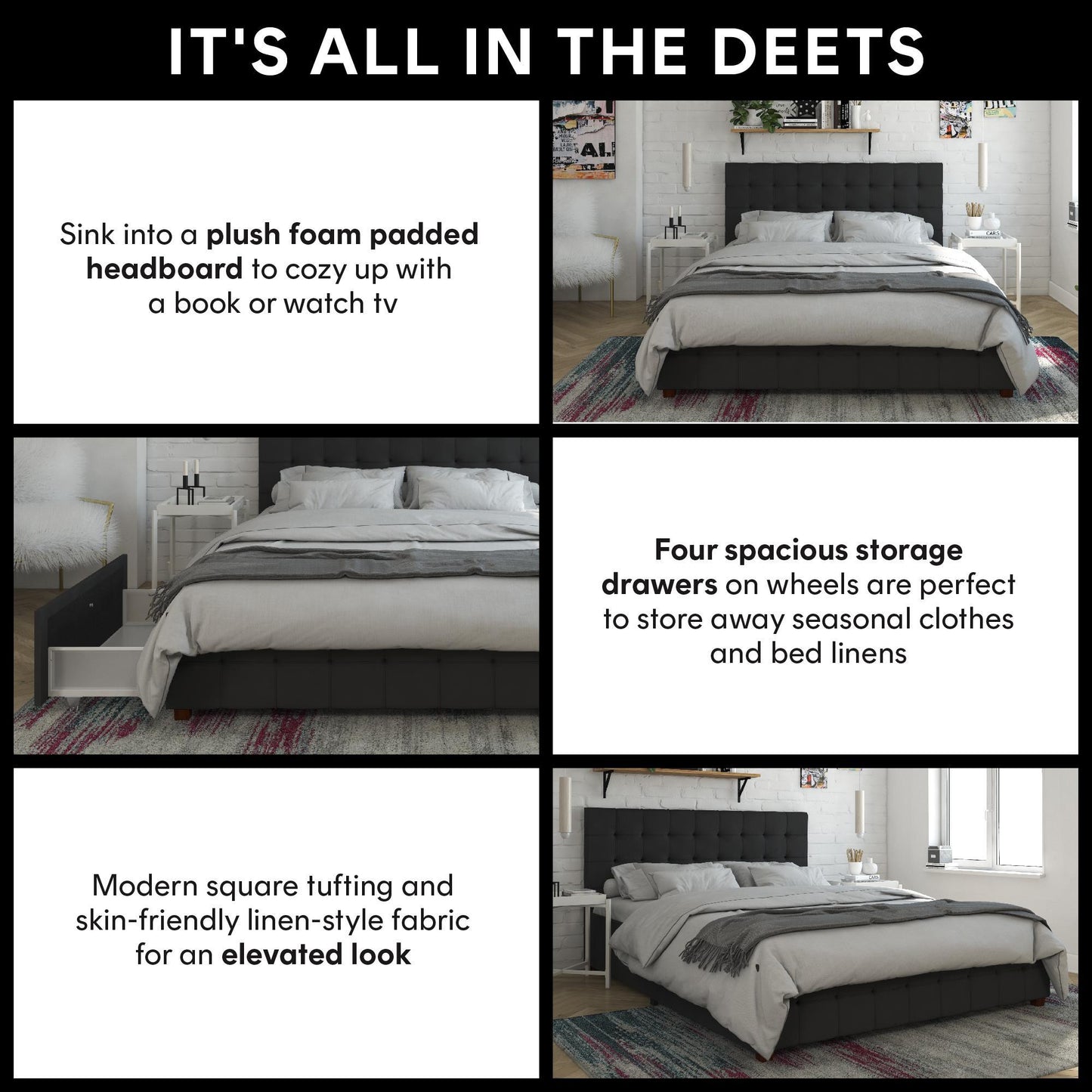 King Upholstered Bed With Storage - Black