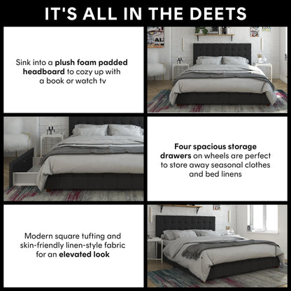 King Upholstered Bed With Storage - Black