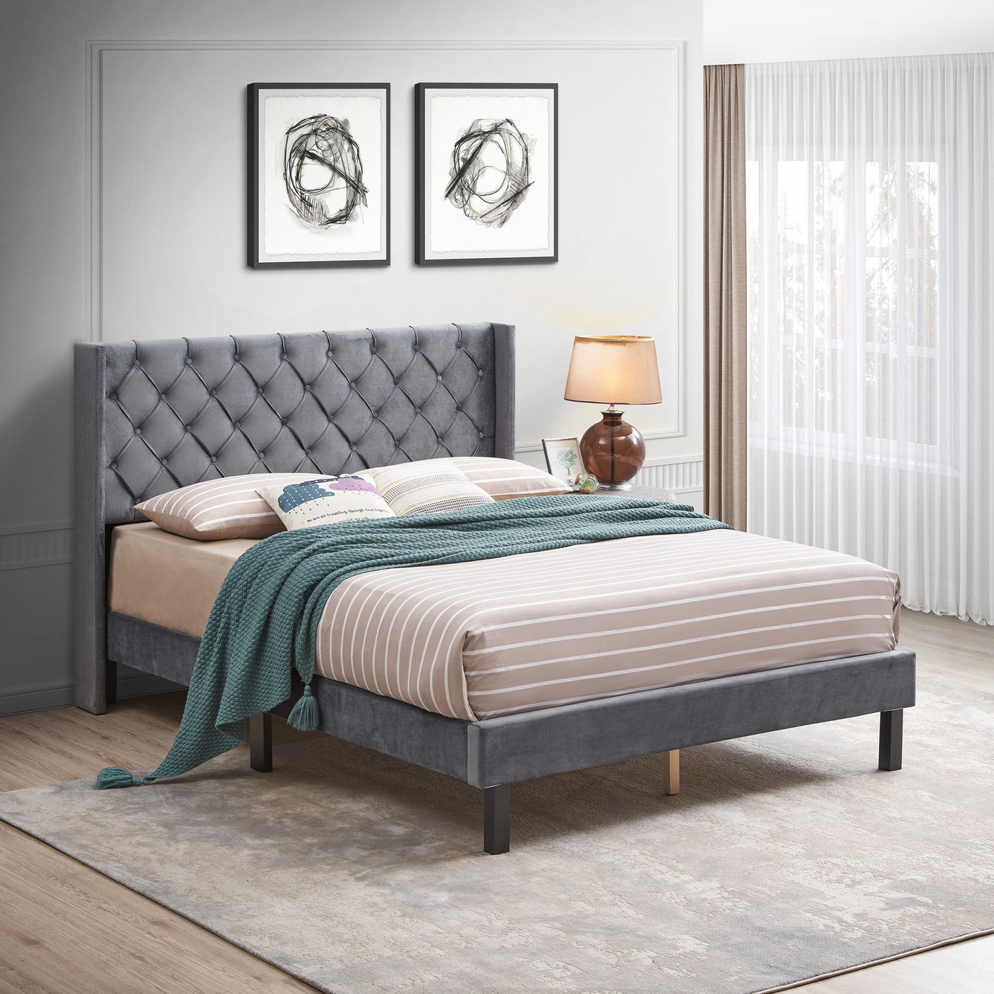 Velvet Button Tufted-Upholstered Bed With Wings Design Strong Wood Slat Support Queen Platform Bed - Gray - The Sleep Loft - Online Mattress Showroom NYC