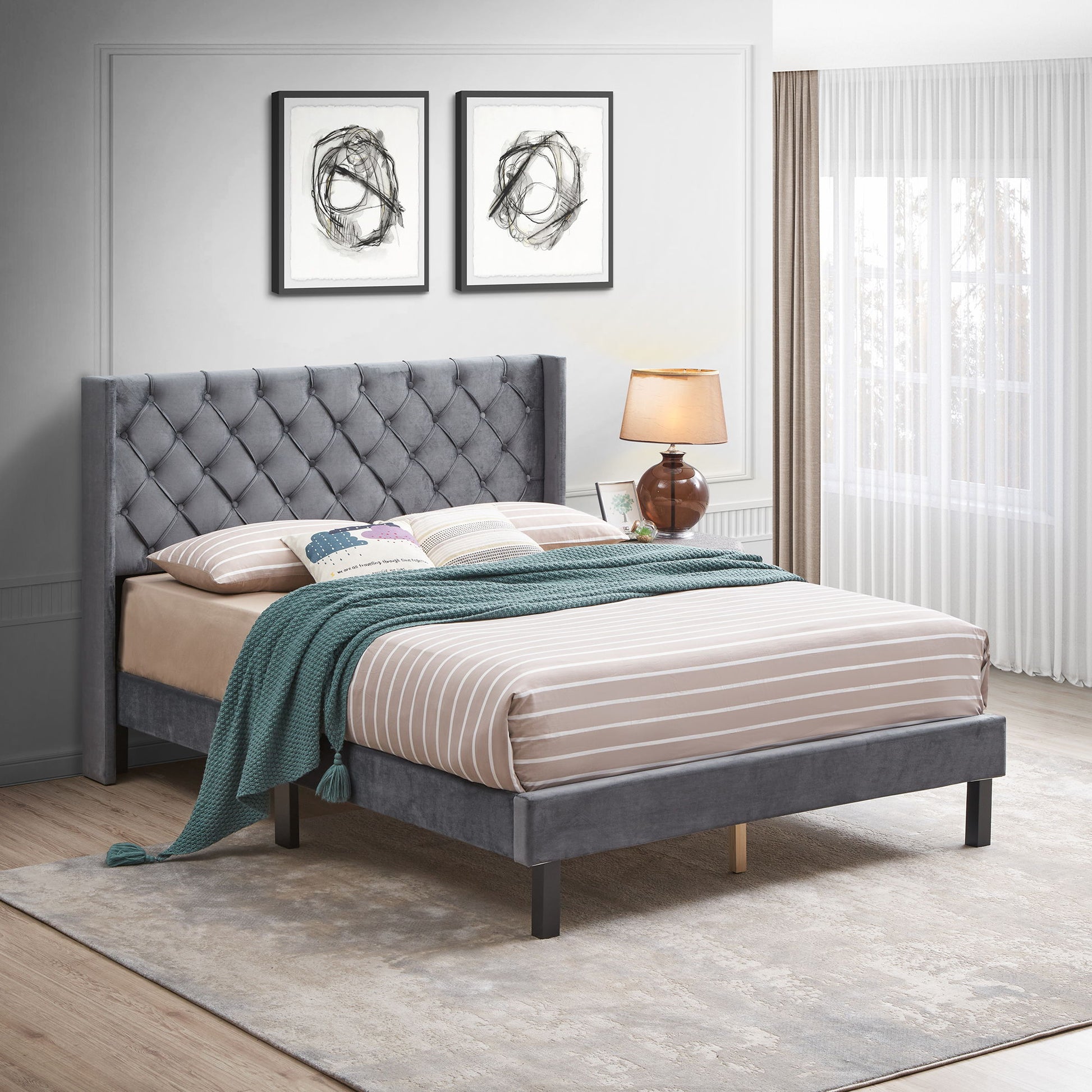 Velvet Button Tufted-Upholstered Bed With Wings Design Strong Wood Slat Support Queen Platform Bed - Gray - The Sleep Loft - Online Mattress Showroom NYC