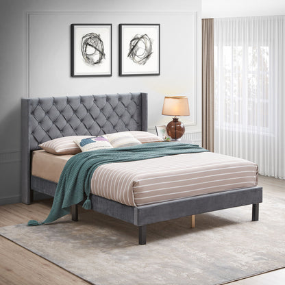 Velvet Button Tufted-Upholstered Bed With Wings Design Strong Wood Slat Support Queen Platform Bed - Gray - The Sleep Loft - Online Mattress Showroom NYC