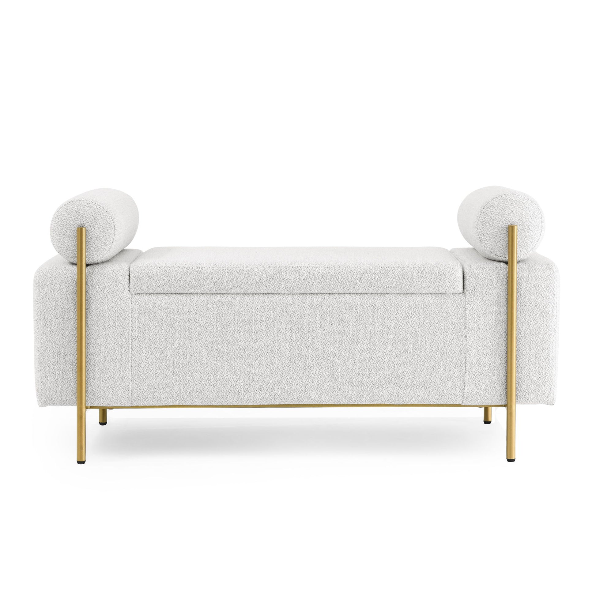 Elegant Upholstered Storage Bench With Cylindrical Arms And Iron Legs, - The Sleep Loft - Online Mattress Showroom NYC