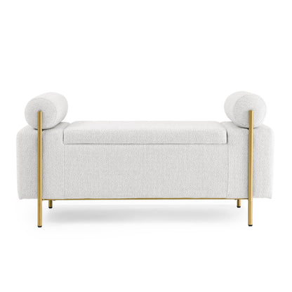 Elegant Upholstered Storage Bench With Cylindrical Arms And Iron Legs, - The Sleep Loft - Online Mattress Showroom NYC