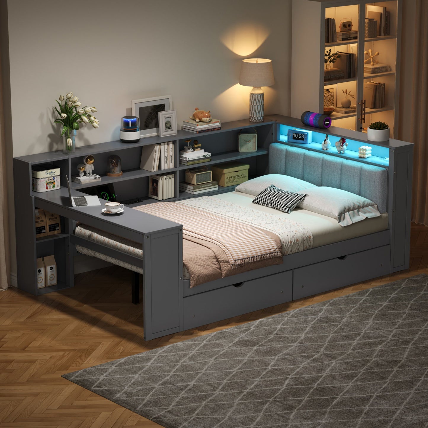 Platform Bed With Storage Shelves, Drawers, Charging Station, LED, Desk - The Sleep Loft - Online Mattress Showroom NYC