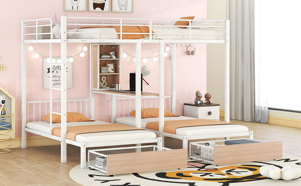 Triple Bunk Bed With Drawers, Multi-Functional Frame With Desks And Shelves In The Middle - The Sleep Loft - Online Mattress Showroom NYC