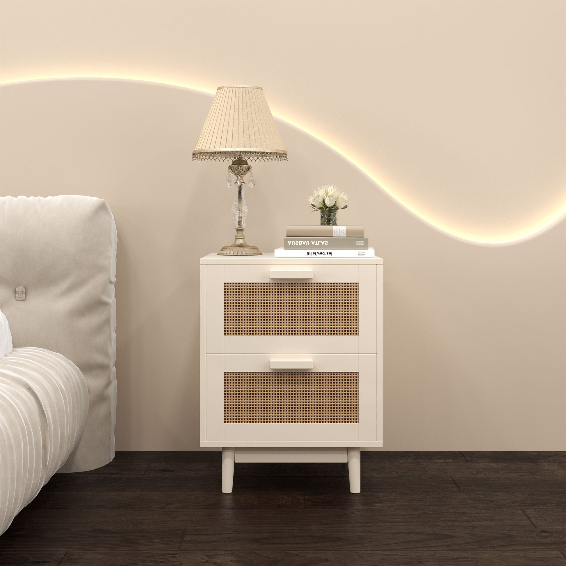 Nightstand With 2 Drawers, Storage Side Table For Bedroom - Antique Natural / Rattan - The Sleep Loft - Online Mattress Showroom NYC