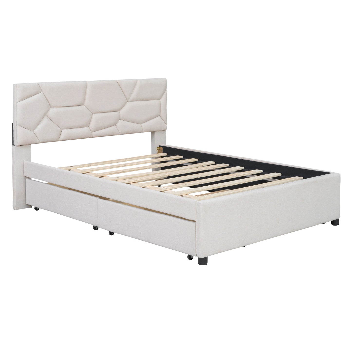 Upholstered Platform Bed With Brick Pattern Headboard And Twin Long Size Trundle - The Sleep Loft - Online Mattress Showroom NYC