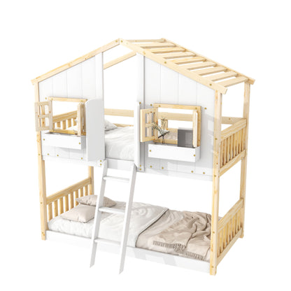 House Bunk Bed With Roof, Window, Window Box, Door, With Safety Guardrails And Ladder - The Sleep Loft - Online Mattress Showroom NYC