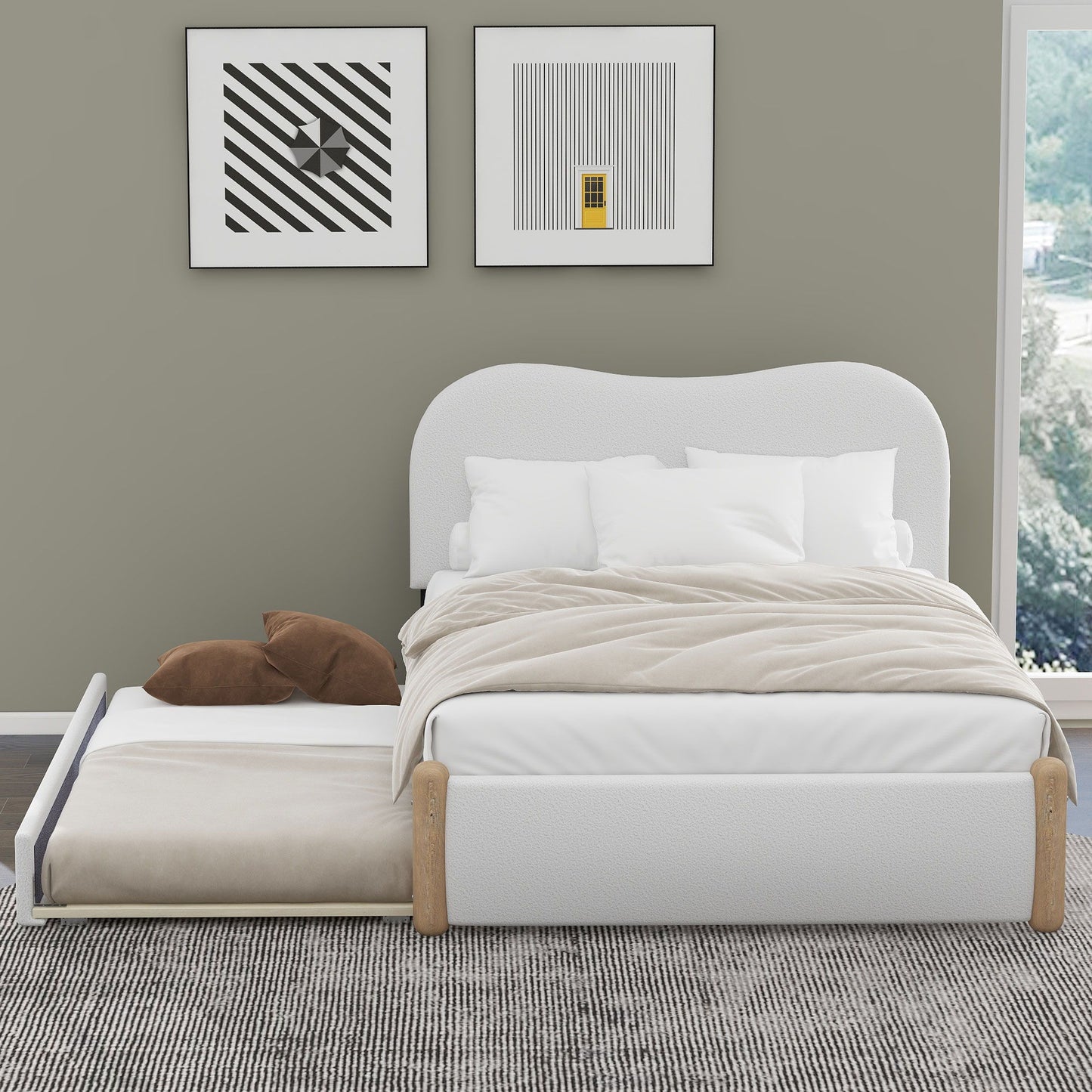 Upholstered Platform Bed With Wood Supporting Feet And Trundle - The Sleep Loft - Online Mattress Showroom NYC