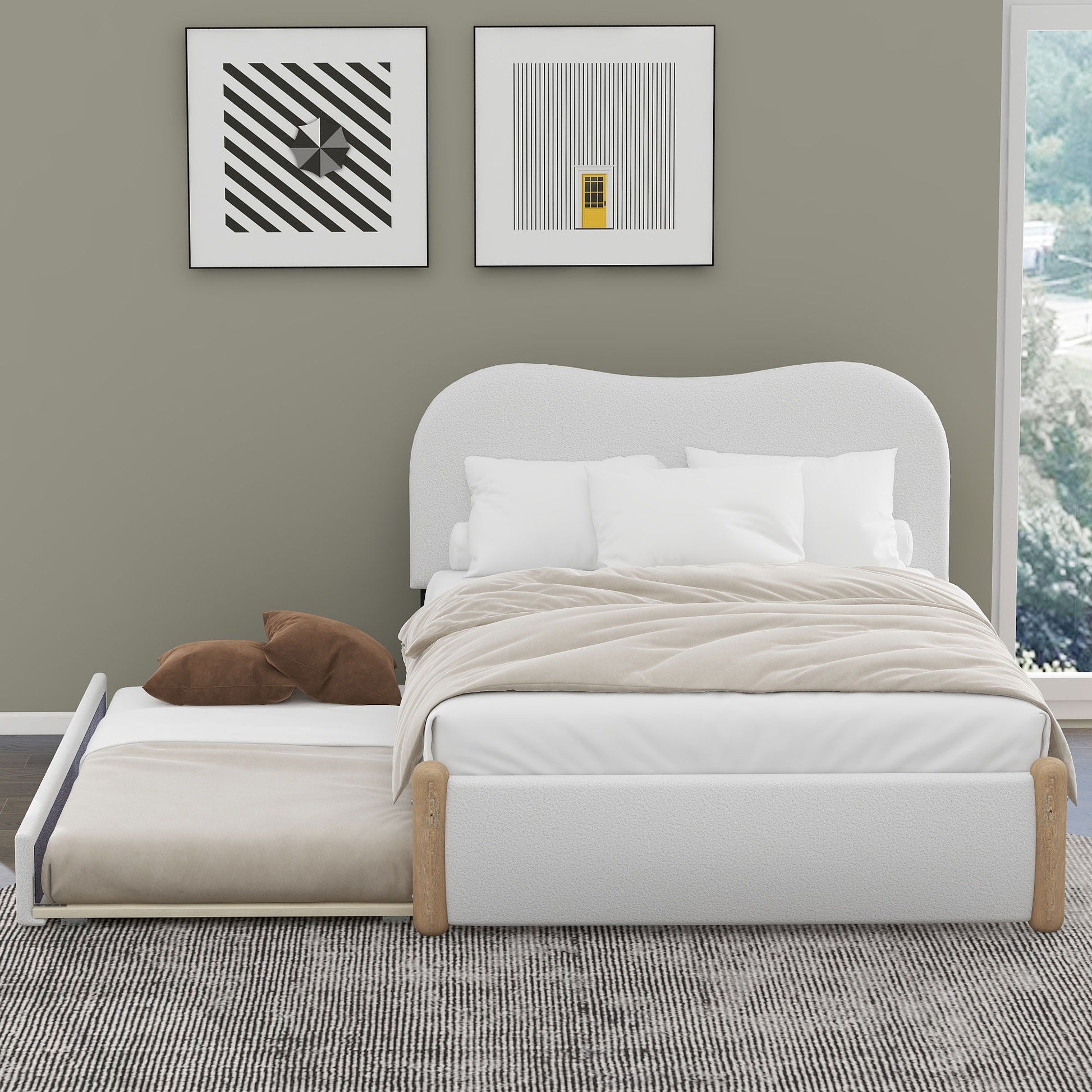 Upholstered Platform Bed With Wood Supporting Feet And Trundle - The Sleep Loft - Online Mattress Showroom NYC