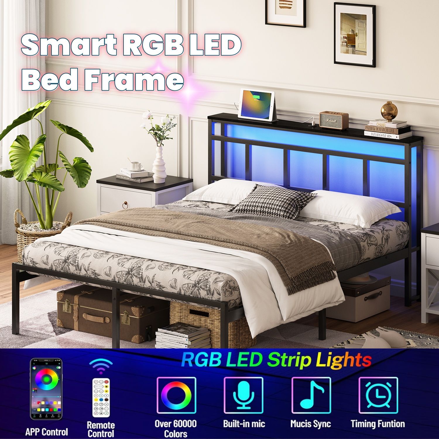 Bed Frame With Storage Headboard With USB C, Type C And LED Light - The Sleep Loft - Online Mattress Showroom NYC