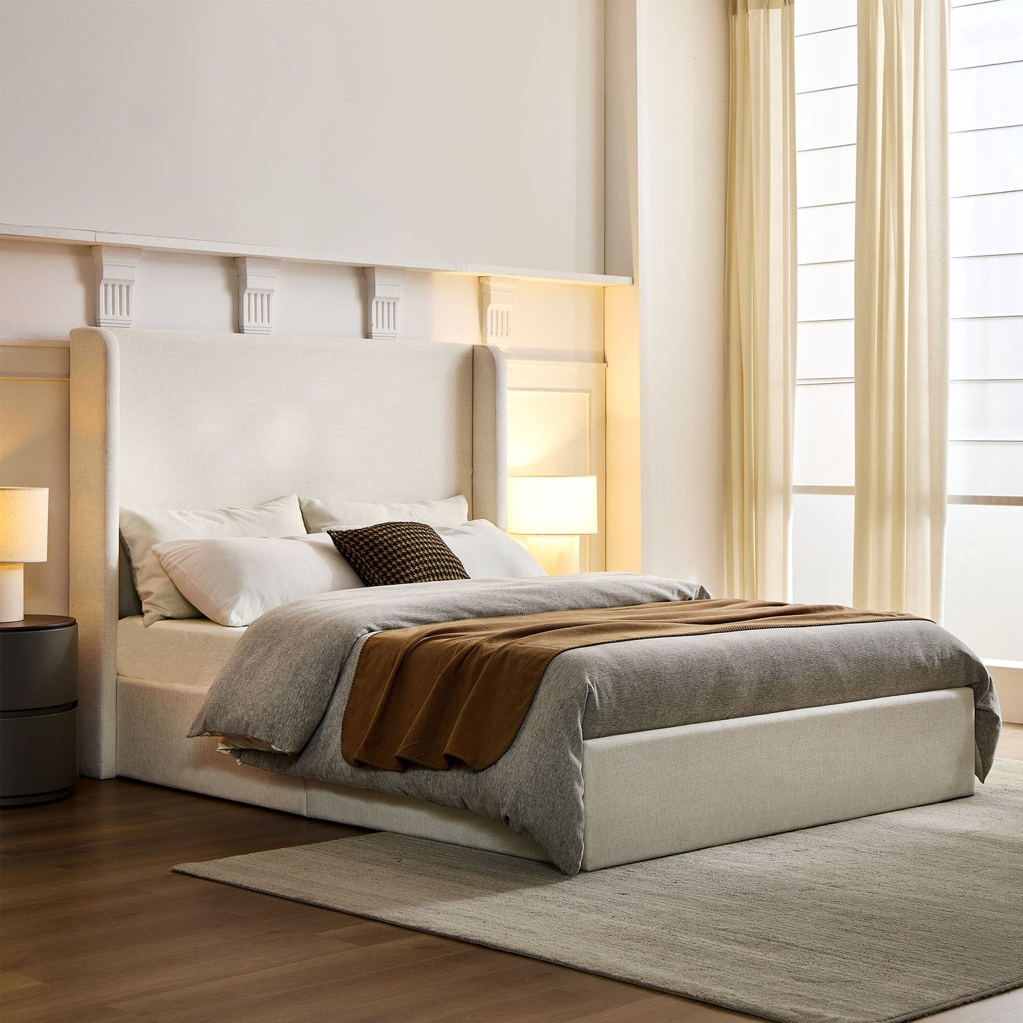 Carmen - Minimalist Upholstered Wingback Bed Frame With High Headboard - The Sleep Loft - Online Mattress Showroom NYC