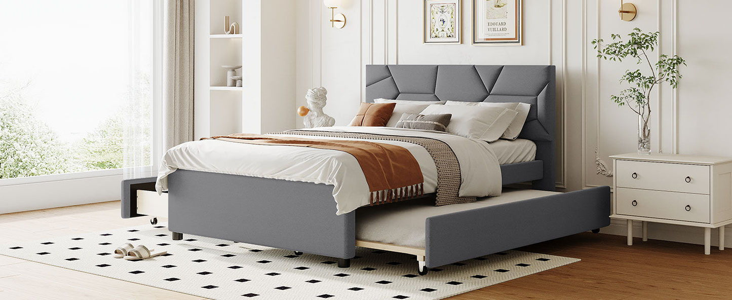 Upholstered Platform Bed With Brick Pattern Headboard And Twin Long Size Trundle - The Sleep Loft - Online Mattress Showroom NYC
