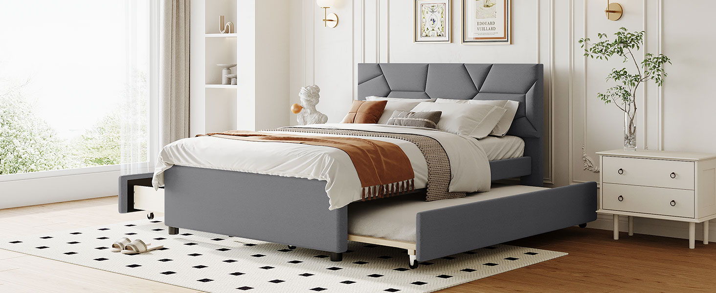 Upholstered Platform Bed With Brick Pattern Headboard And Twin Long Size Trundle - The Sleep Loft - Online Mattress Showroom NYC
