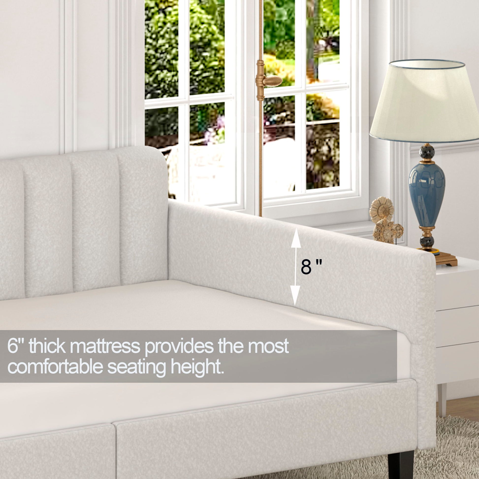 Elena - Boucle Upholstered Daybed, Ribbed Tufted Backrest - The Sleep Loft - Online Mattress Showroom NYC