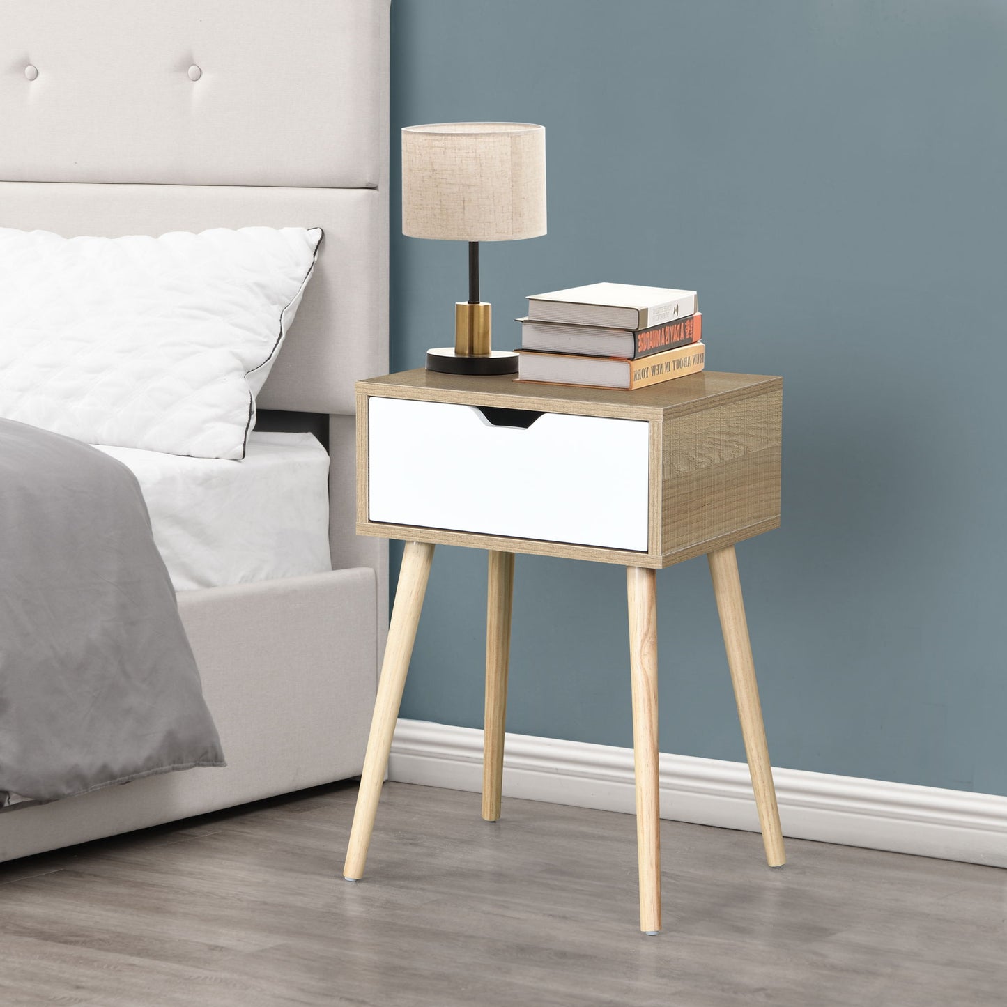 Side Table With 1 Drawer, Mid-Century Modern Storage Cabinet For Bedroom - White / Wood - The Sleep Loft - Online Mattress Showroom NYC