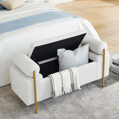 Elegant Upholstered Storage Bench With Cylindrical Arms And Iron Legs, - The Sleep Loft - Online Mattress Showroom NYC