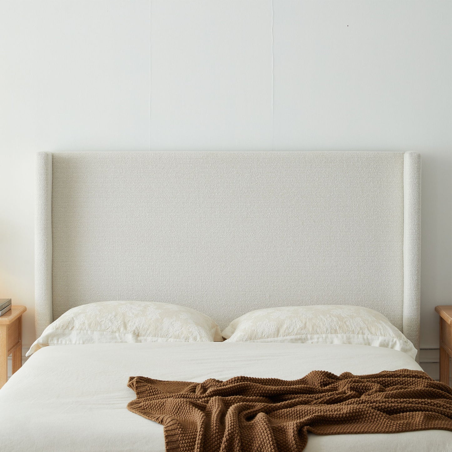 Hosford - Minimalist Upholstered Wingback Bed With Wood Base Platform - The Sleep Loft - Online Mattress Showroom NYC