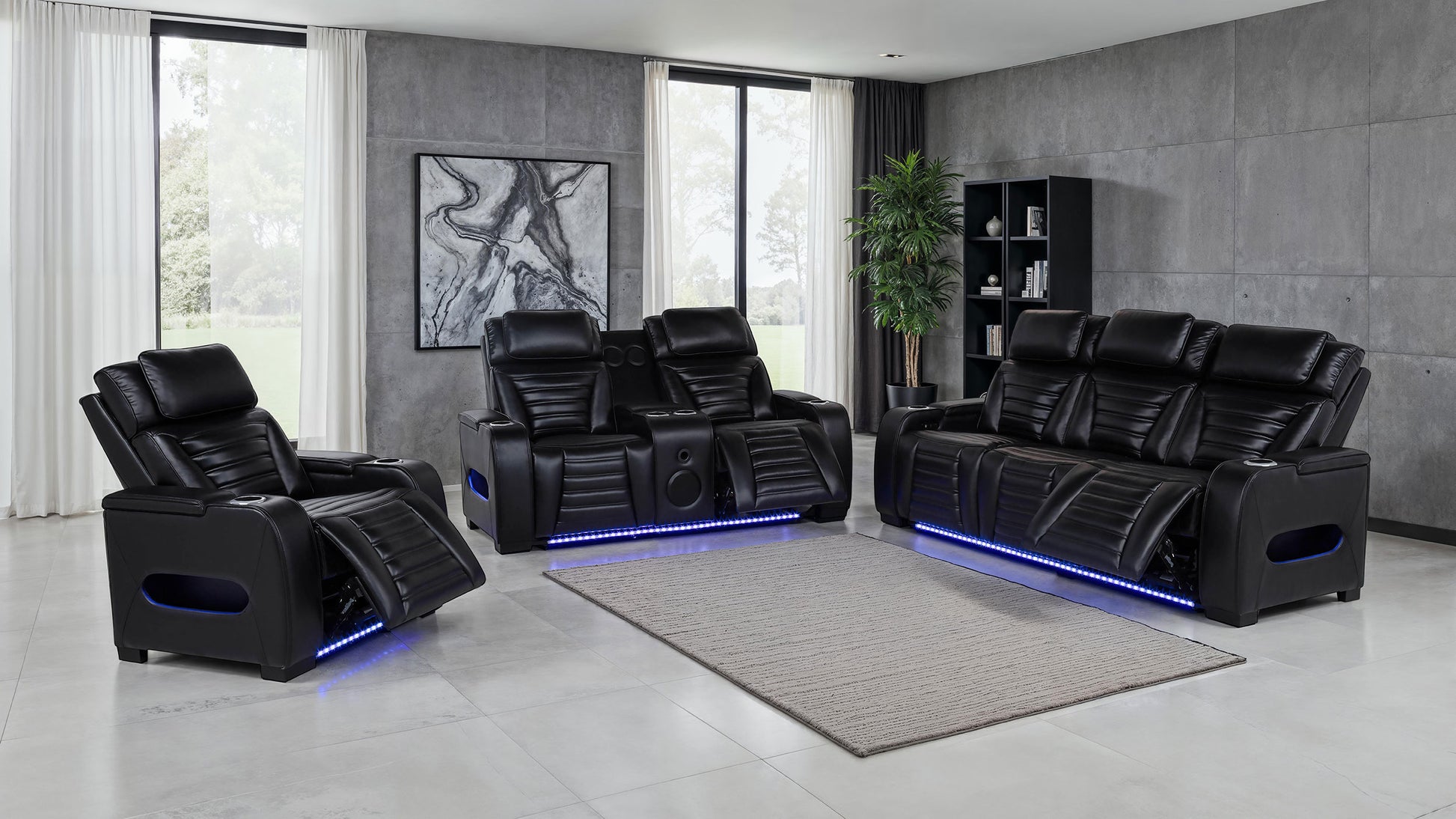 Zuma Faux Leather Dual Power Reclining LED Sofa Black