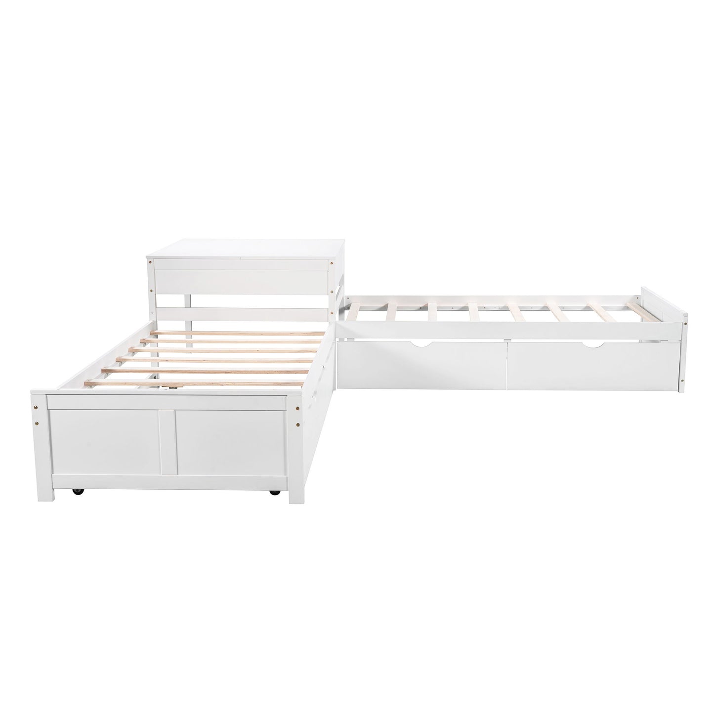L Shaped Platform Bed With Trundle And Drawers Linked With Built In Desk - The Sleep Loft - Online Mattress Showroom NYC