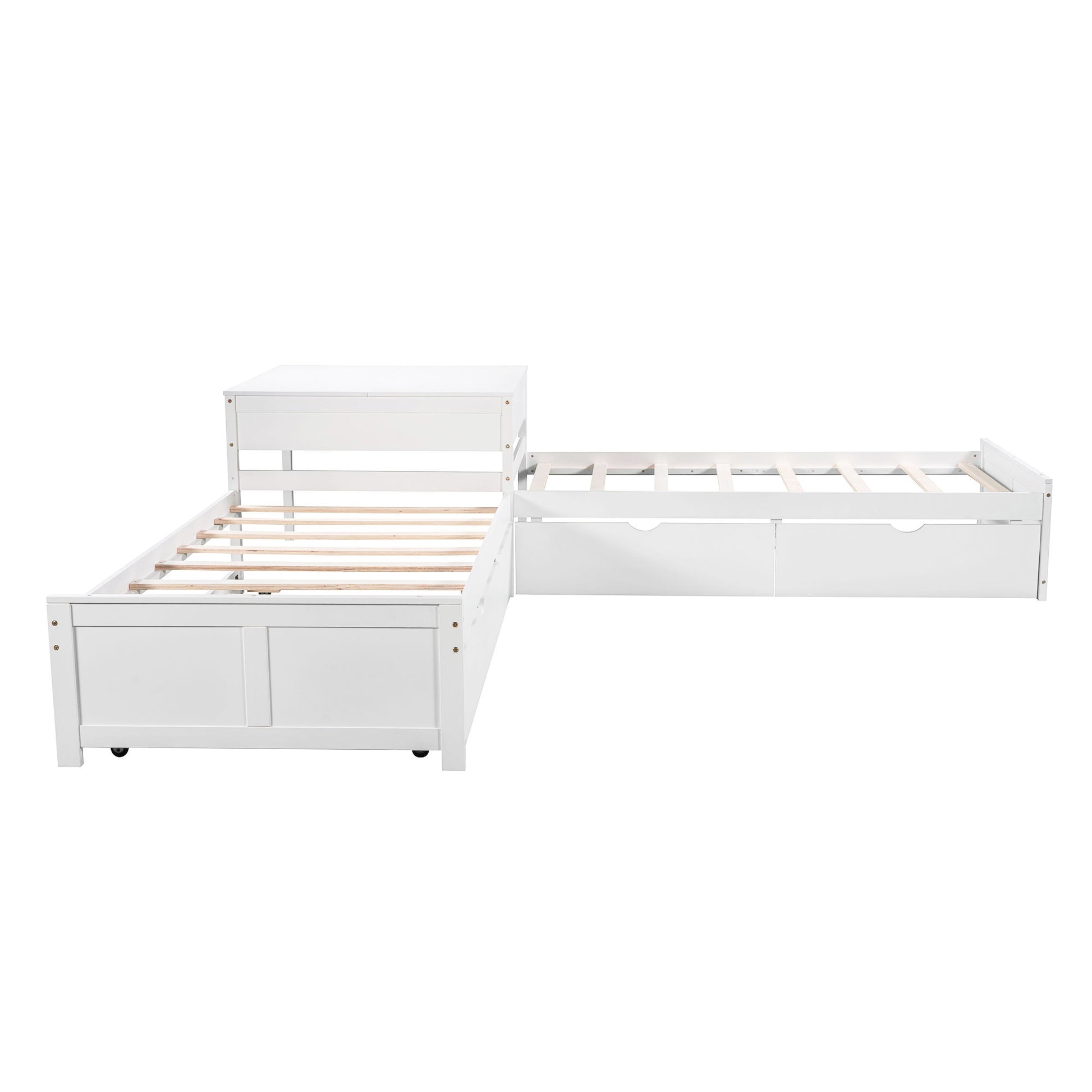 L Shaped Platform Bed With Trundle And Drawers Linked With Built In Desk - The Sleep Loft - Online Mattress Showroom NYC