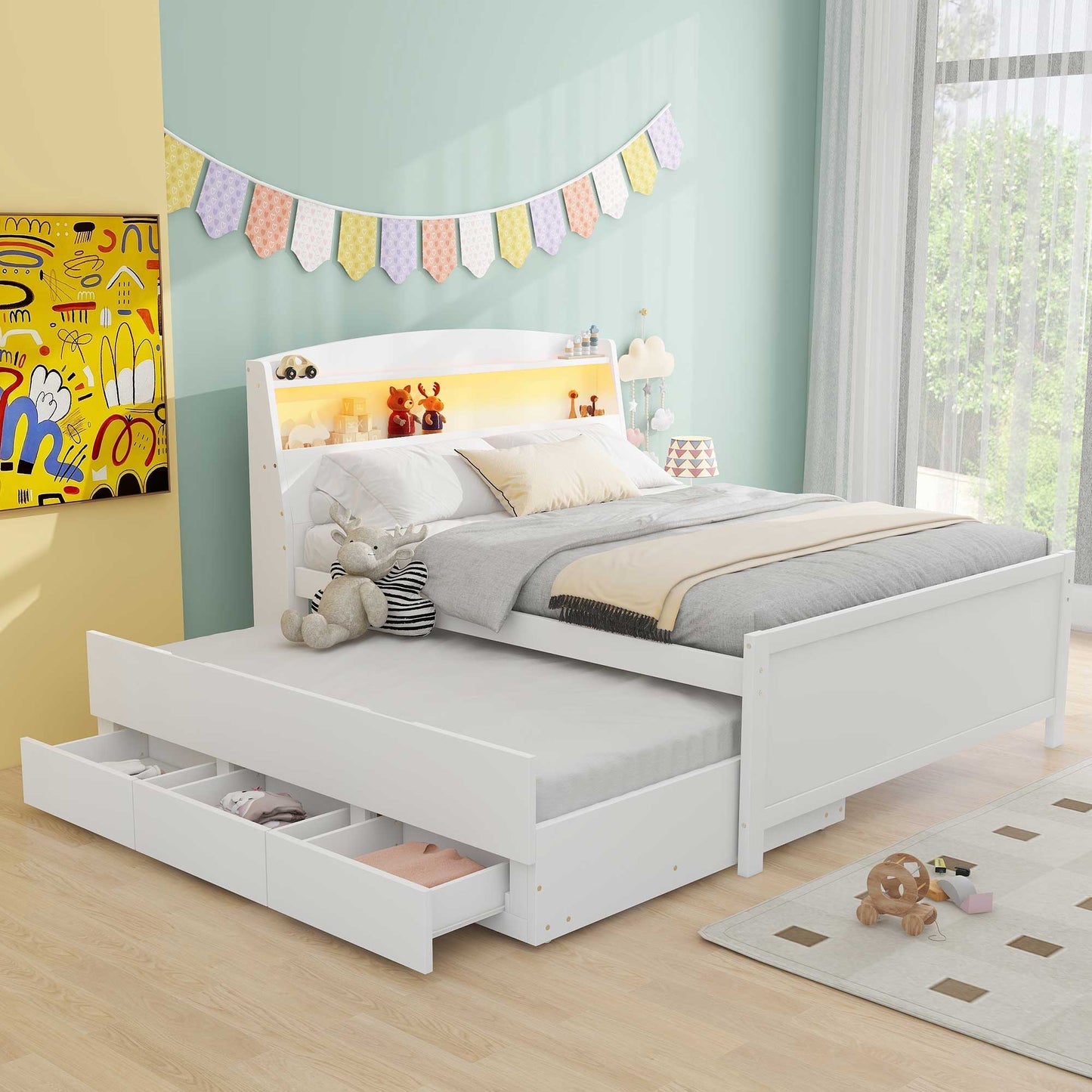 Full Size Platform Bed With Storage LED Headboard, Twin Trundle And 3 Drawers - White - The Sleep Loft - Online Mattress Showroom NYC