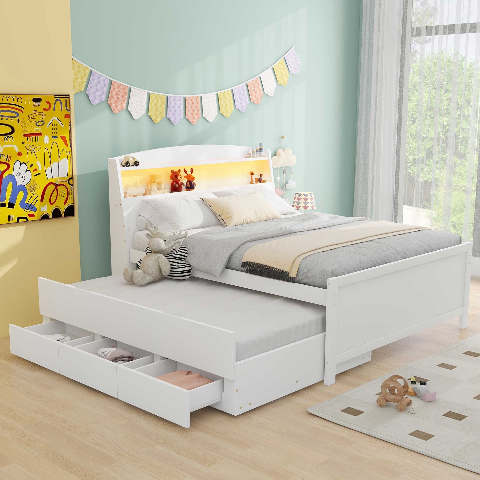 Full Size Platform Bed With Storage LED Headboard, Twin Trundle And 3 Drawers - White - The Sleep Loft - Online Mattress Showroom NYC