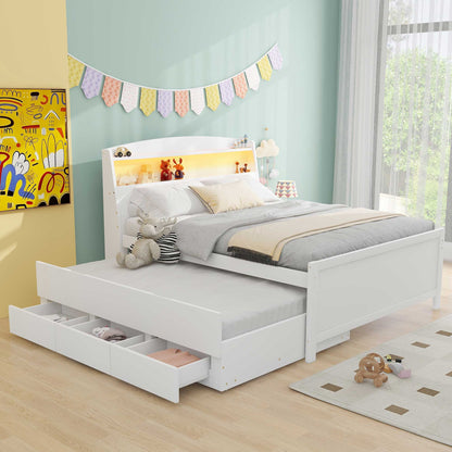 Full Size Platform Bed With Storage LED Headboard, Twin Trundle And 3 Drawers - White - The Sleep Loft - Online Mattress Showroom NYC