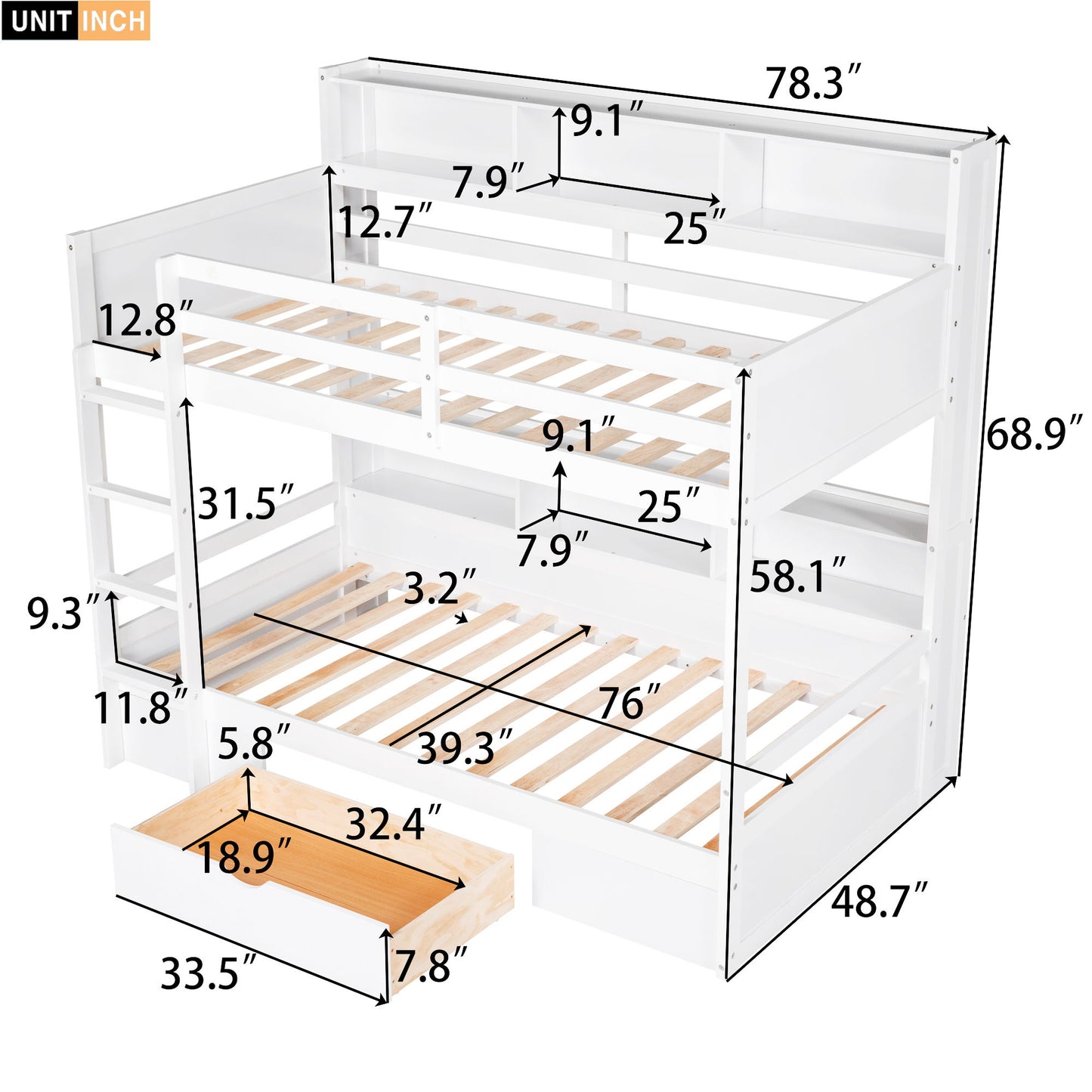Twin Size Bunk Bed With Built-In Shelves Beside Both Upper And Down Bed And Storage Drawer - The Sleep Loft - Online Mattress Showroom NYC