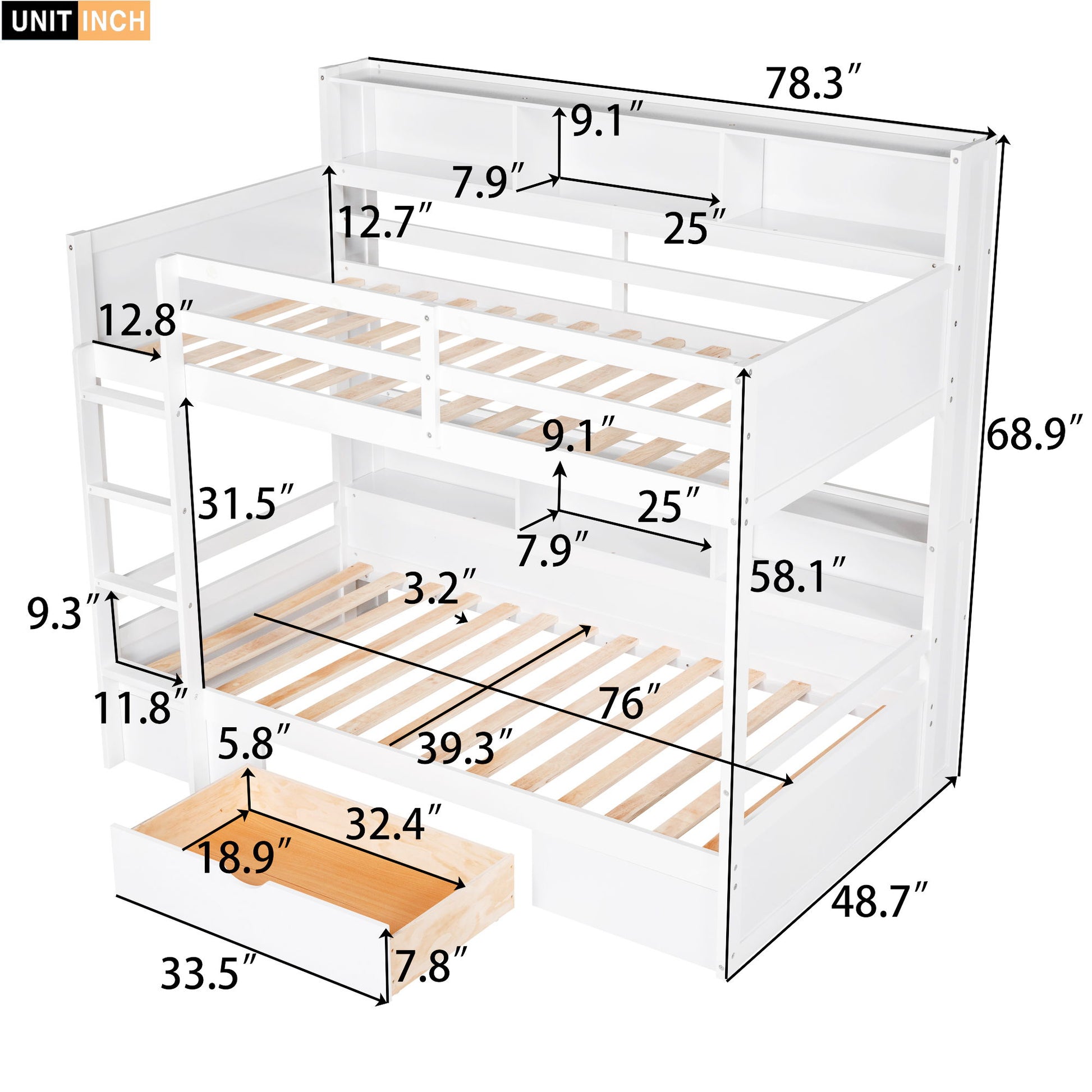 Twin Size Bunk Bed With Built-In Shelves Beside Both Upper And Down Bed And Storage Drawer - The Sleep Loft - Online Mattress Showroom NYC