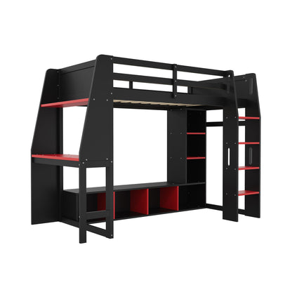 Gaming Loft Bed With Desk, Multi Storage Shelves, LED Lighting, And Hanging Clothes Rack - The Sleep Loft - Online Mattress Showroom NYC
