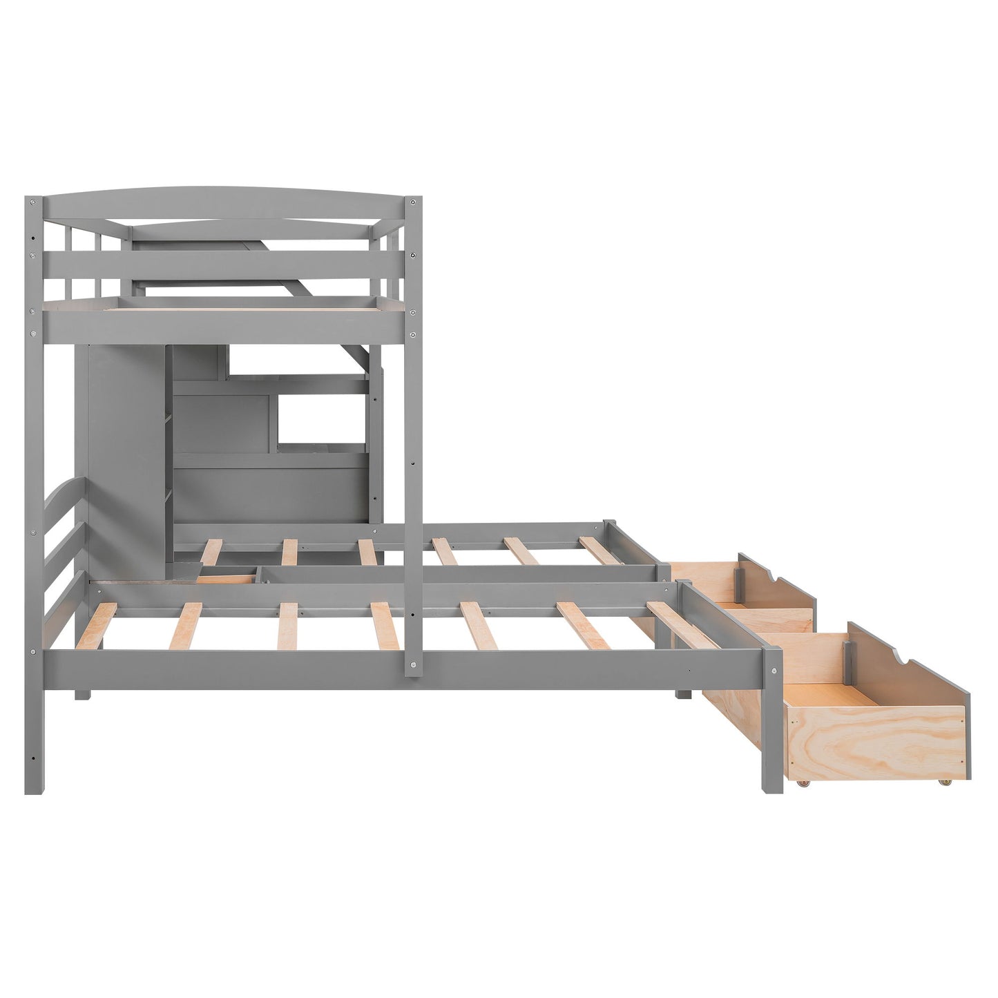 Twin Over Twin & Twin Bunk Bed With Drawers, Staircase Storage, Built In Shelves - Gray - The Sleep Loft - Online Mattress Showroom NYC