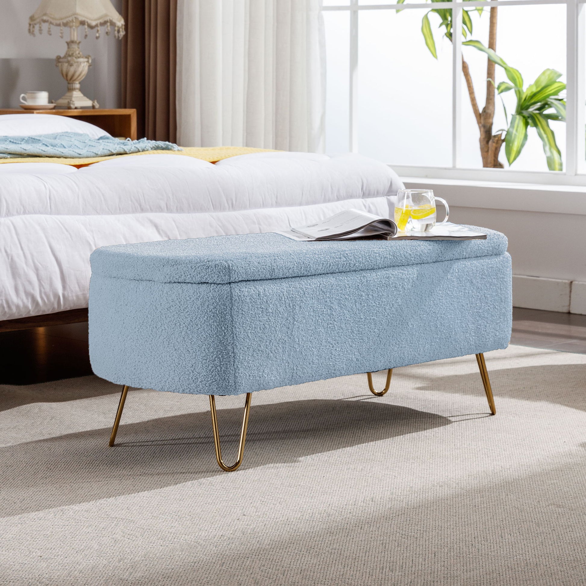 Storage Ottoman Bench For End Of Bed Legs, Modern Camel Faux Fur Entryway Bench Upholstered Padded With Storage For Living Room Bedroom - The Sleep Loft - Online Mattress Showroom NYC