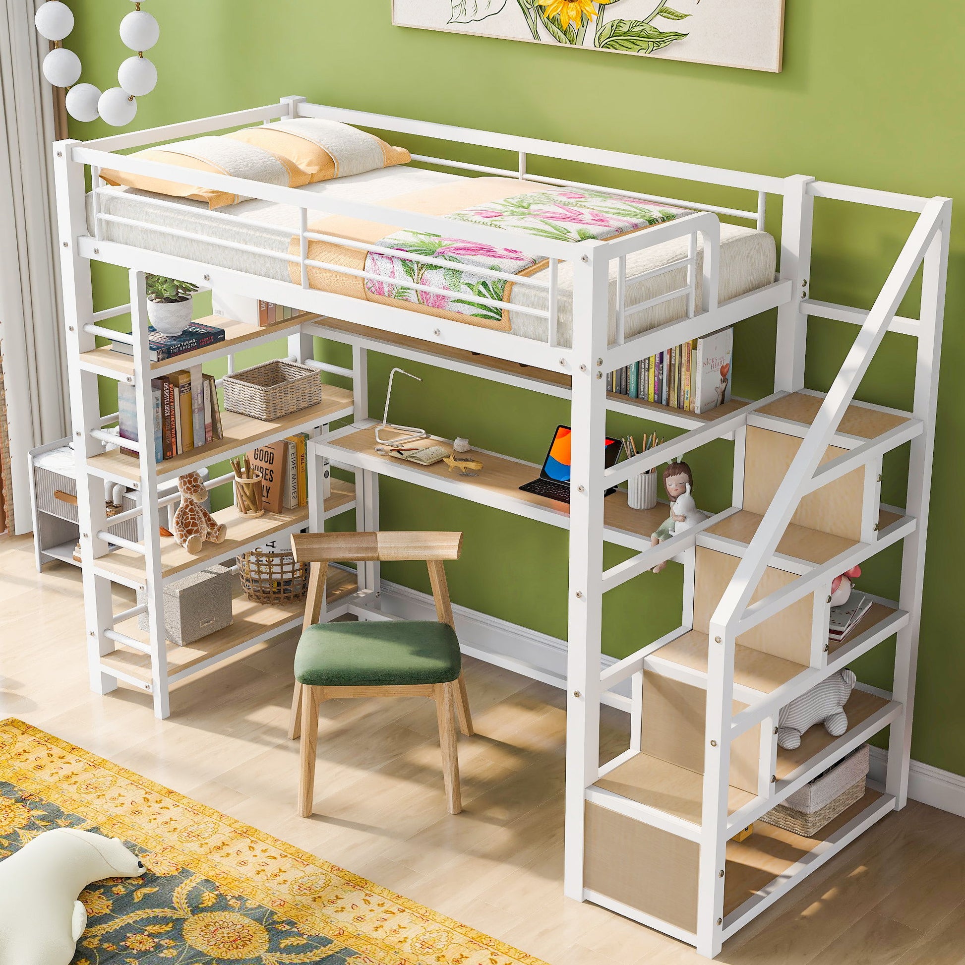 Twin Size Loft Bed With Built In Desk, Staircase Storage & 4 Tier Shelves - White - The Sleep Loft - Online Mattress Showroom NYC