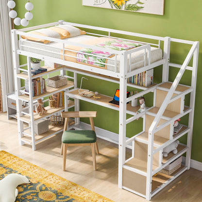 Twin Size Loft Bed With Built In Desk, Staircase Storage & 4 Tier Shelves - White - The Sleep Loft - Online Mattress Showroom NYC
