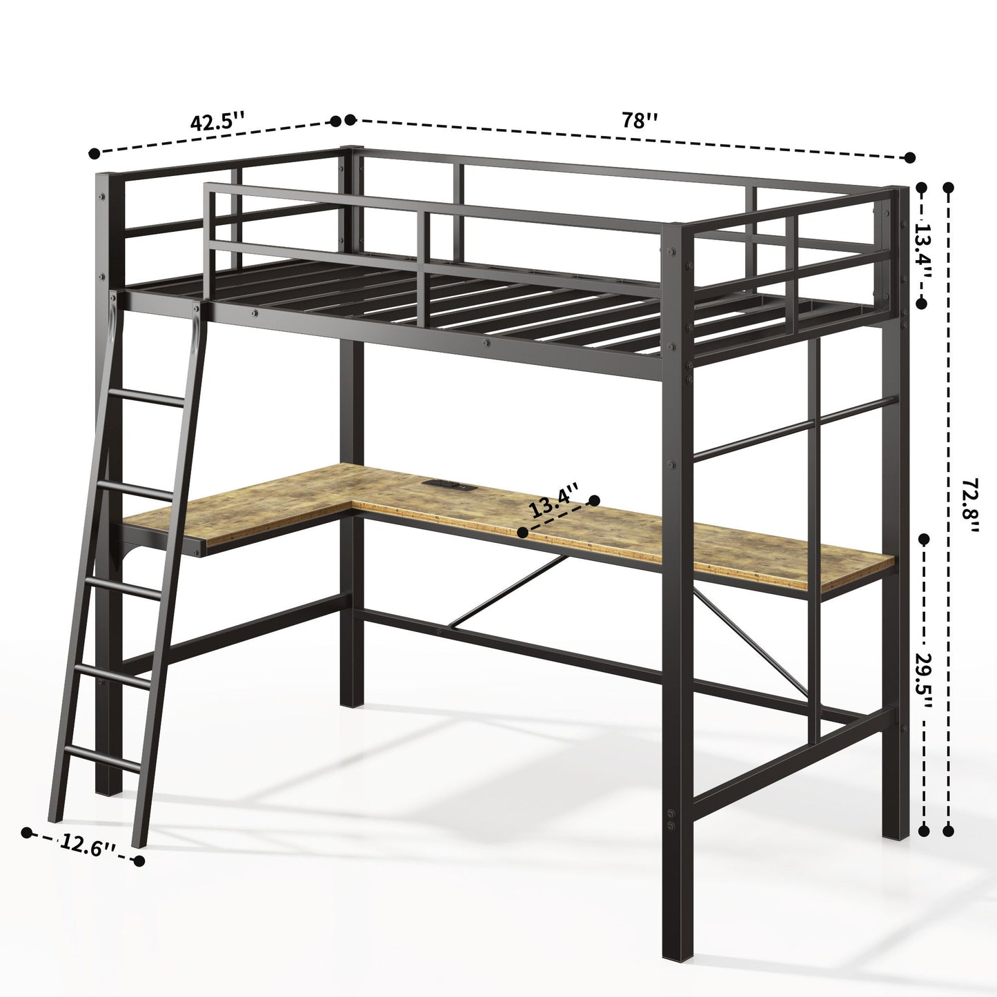 Twin Metal Loft Bed With L - Shaped Desk, Charging Station Loft Bed Frame Twin Size, Safety Guard & Ladder, No Box Spring Needed - Black - The Sleep Loft - Online Mattress Showroom NYC