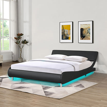 Queen Size Upholstered Platform Bed Frame With LED Lighting, Curve Design, Slat Support, No Box Spring Needed - Black - The Sleep Loft - Online Mattress Showroom NYC