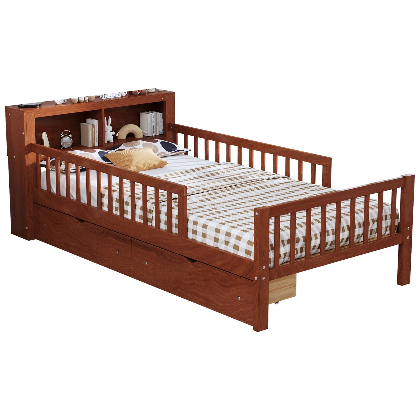 Bed With Headboard Storage Rack, 2 Under Bed Drawers, 3 Side Guardrails For Safety - The Sleep Loft - Online Mattress Showroom NYC