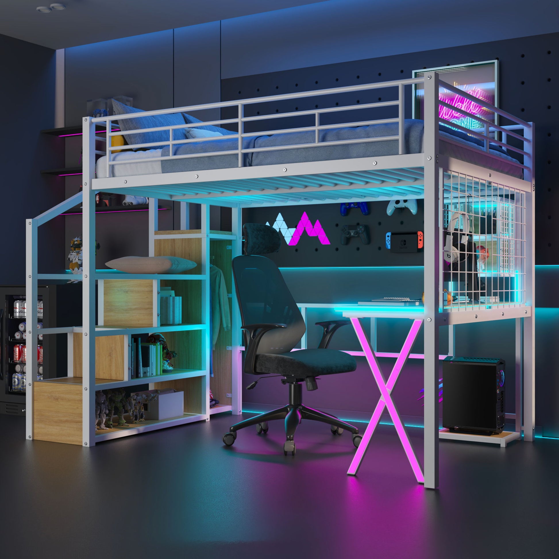 Loft Bed With Built In Work Station, Wardrobe, Storage Staircase And LED - The Sleep Loft - Online Mattress Showroom NYC