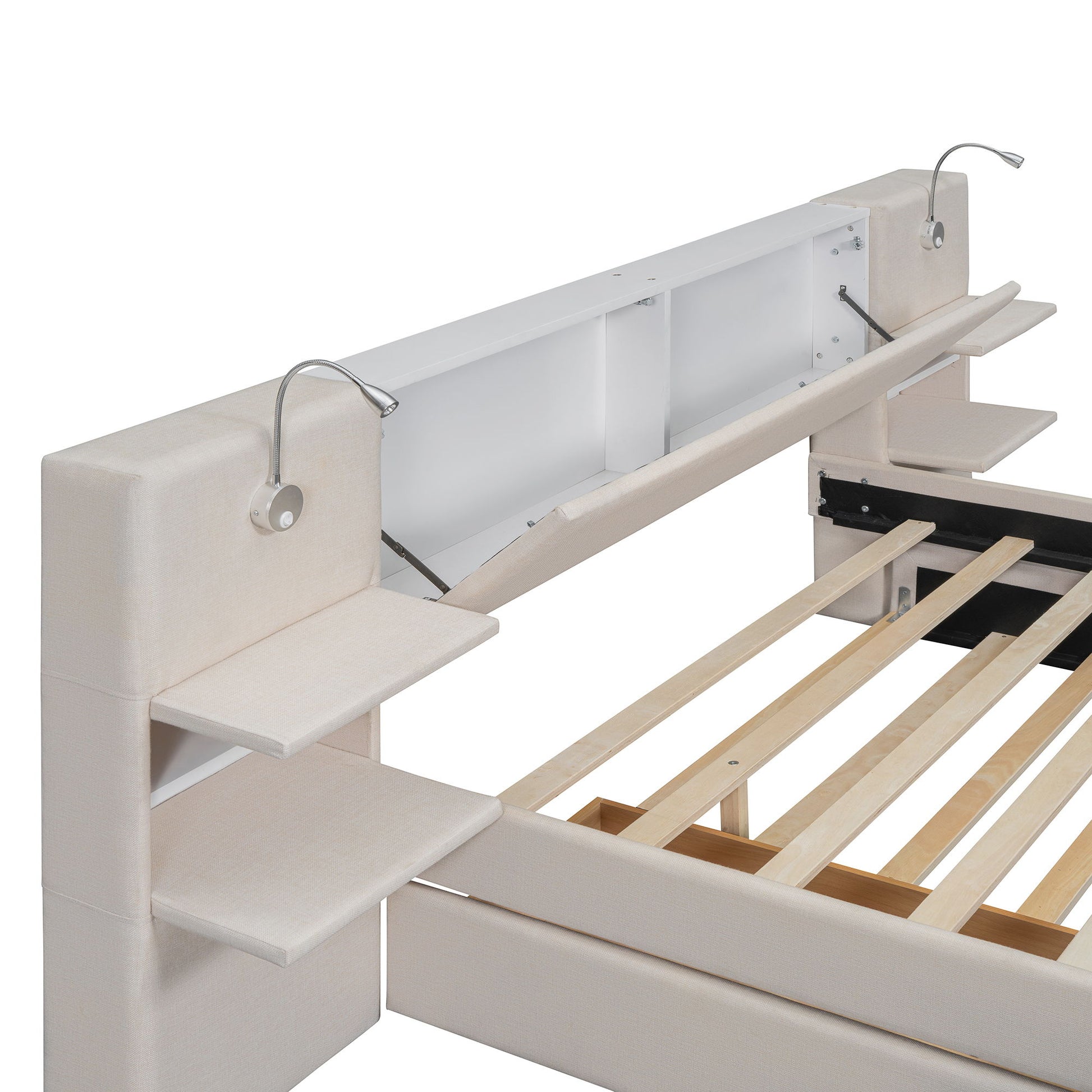 Upholstered Platform Bed With Reading Lights, Drawers, Trundle And Shelves - The Sleep Loft - Online Mattress Showroom NYC