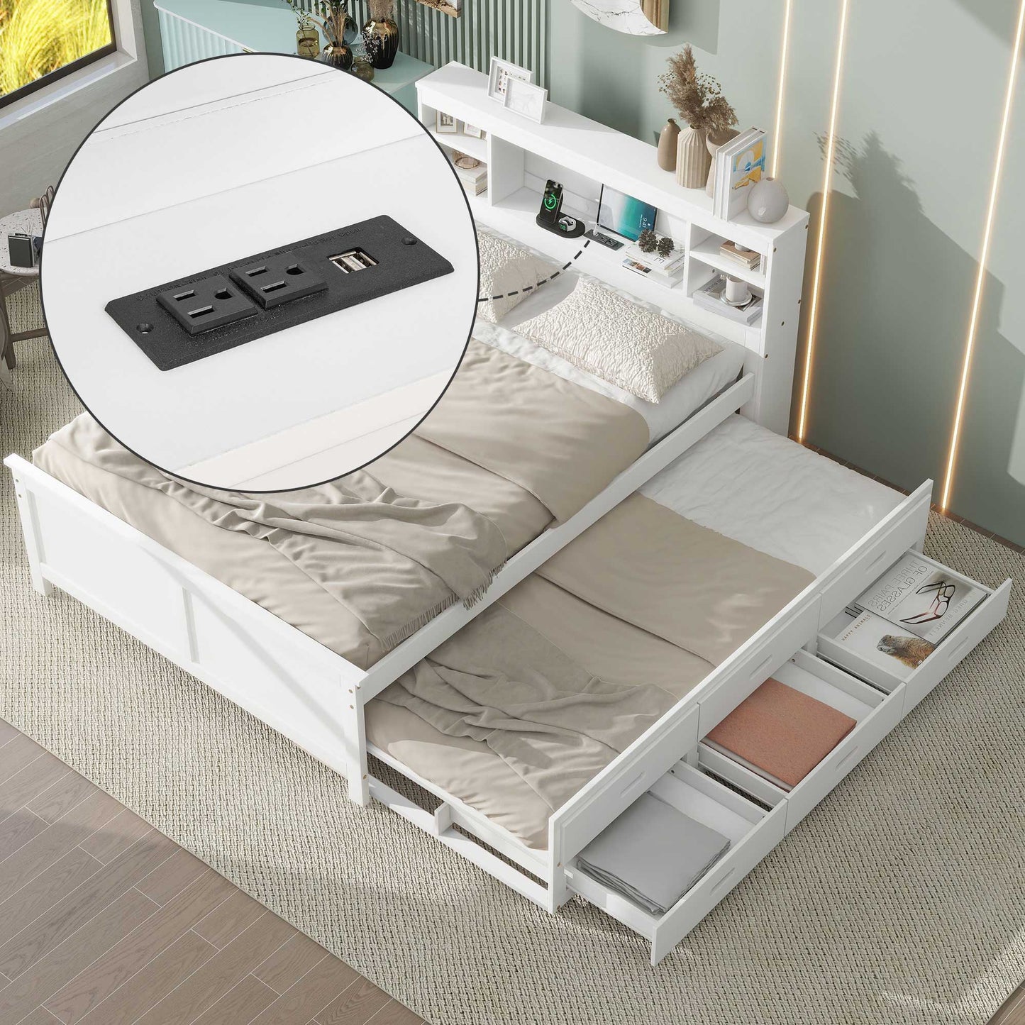 Platform Bed With Storage Headboard, USB, Trundle And 3 Drawers - The Sleep Loft - Online Mattress Showroom NYC