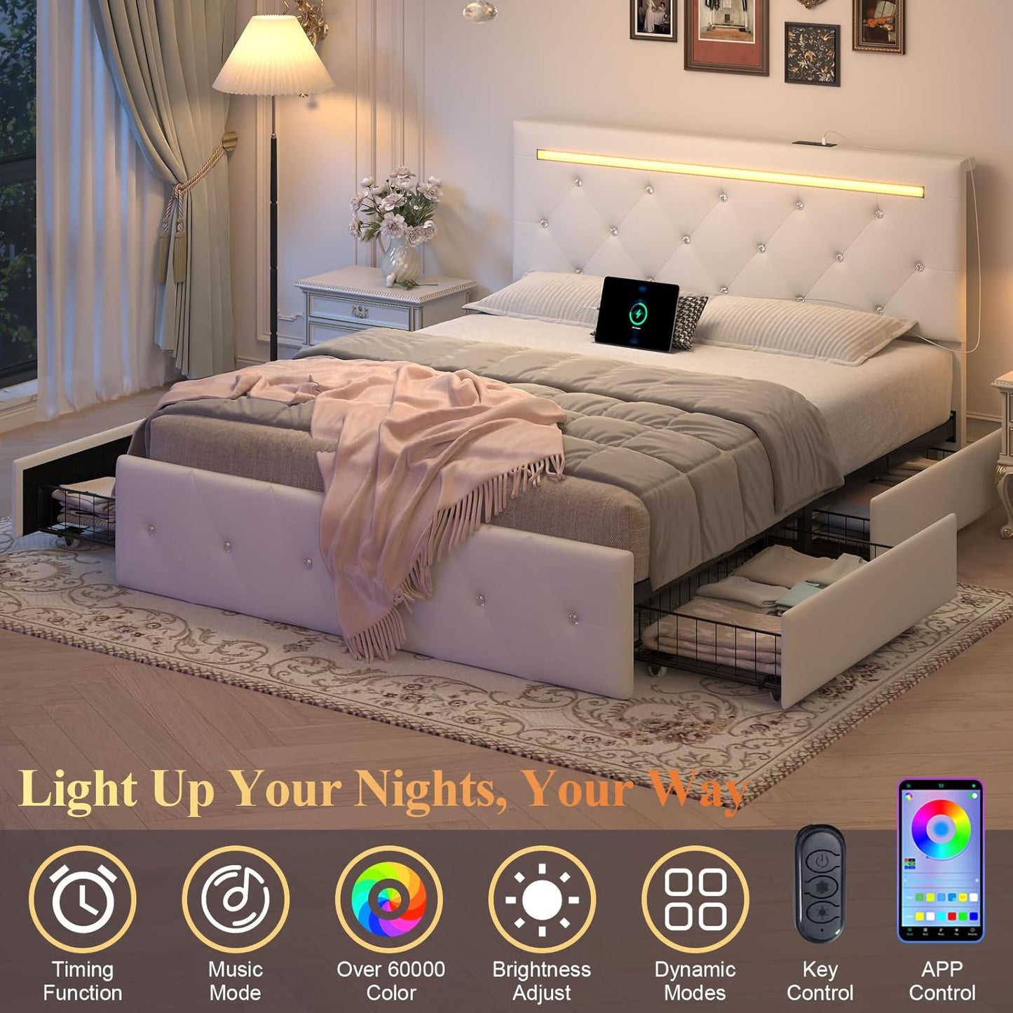 Upholstered Bed Frame With LED Lights, 4 Storage Drawers, Charging Station - The Sleep Loft - Online Mattress Showroom NYC