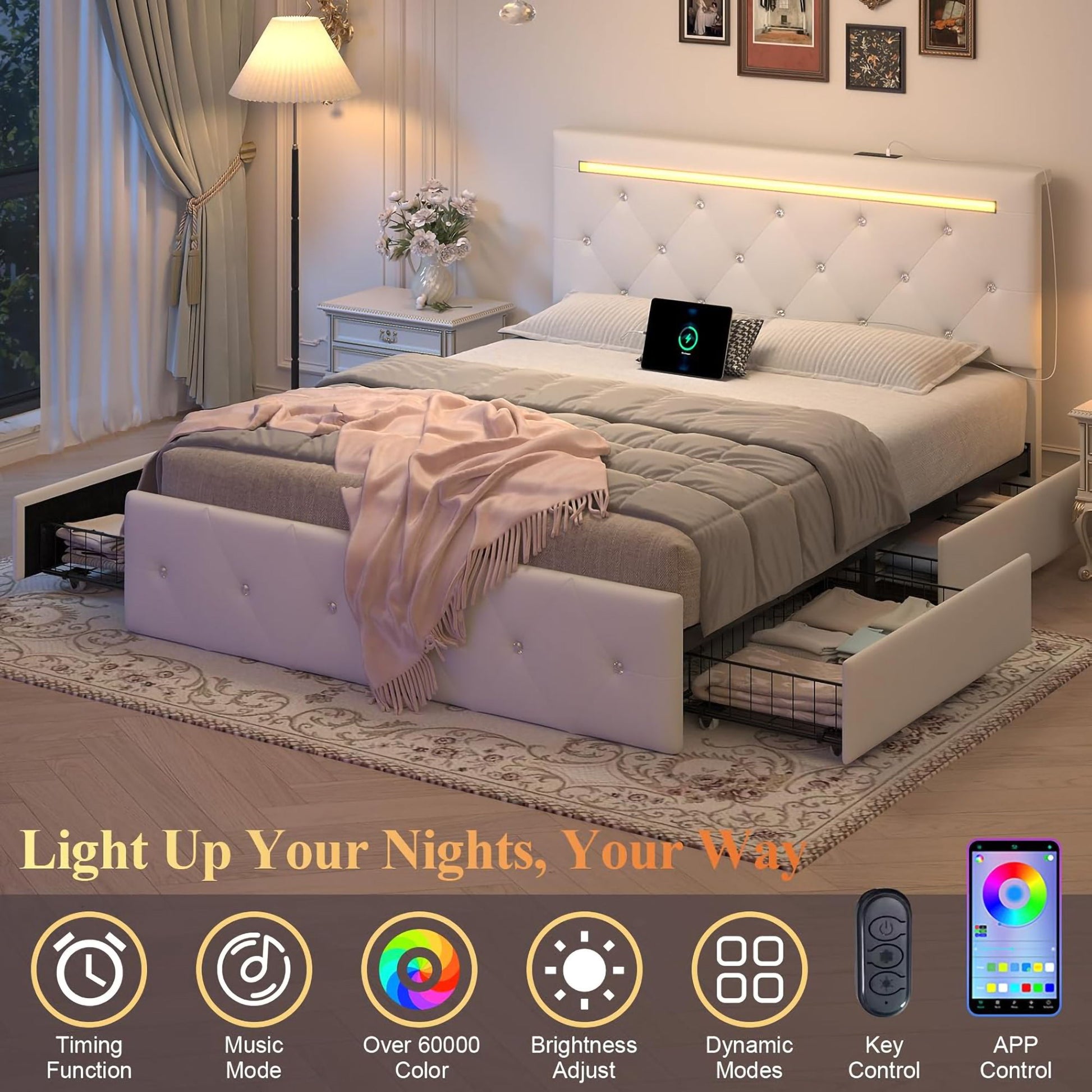 Upholstered Bed Frame With LED Lights, 4 Storage Drawers, Charging Station - The Sleep Loft - Online Mattress Showroom NYC