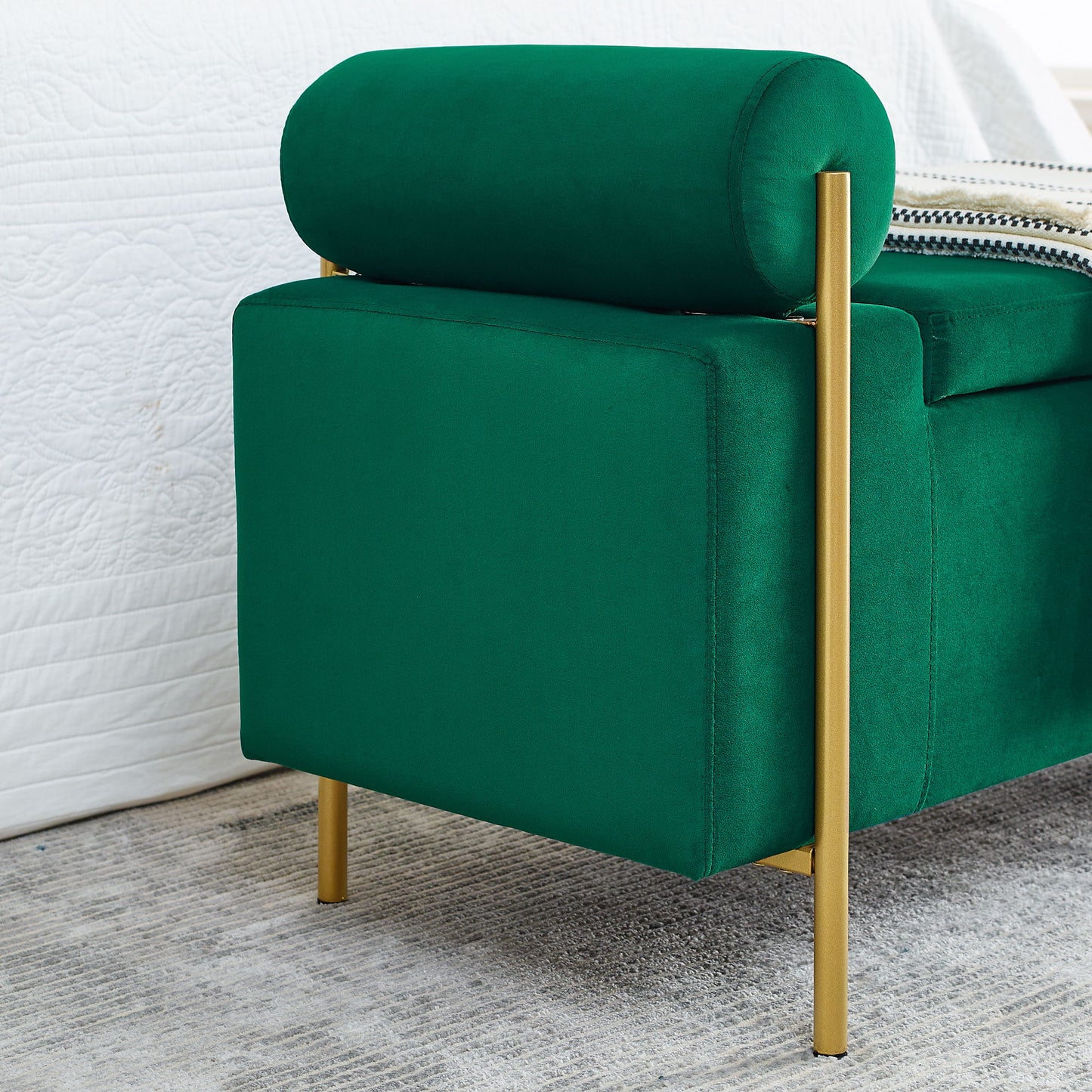 Elegant Upholstered Storage Bench With Cylindrical Arms And Iron Legs, - The Sleep Loft - Online Mattress Showroom NYC