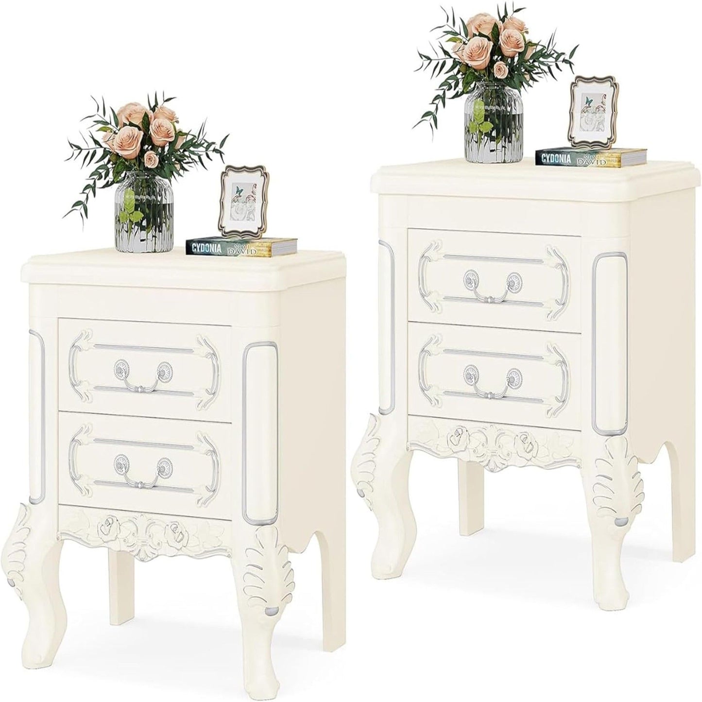 Carved Nightstand With 2 Drawers, Bedside Table - White