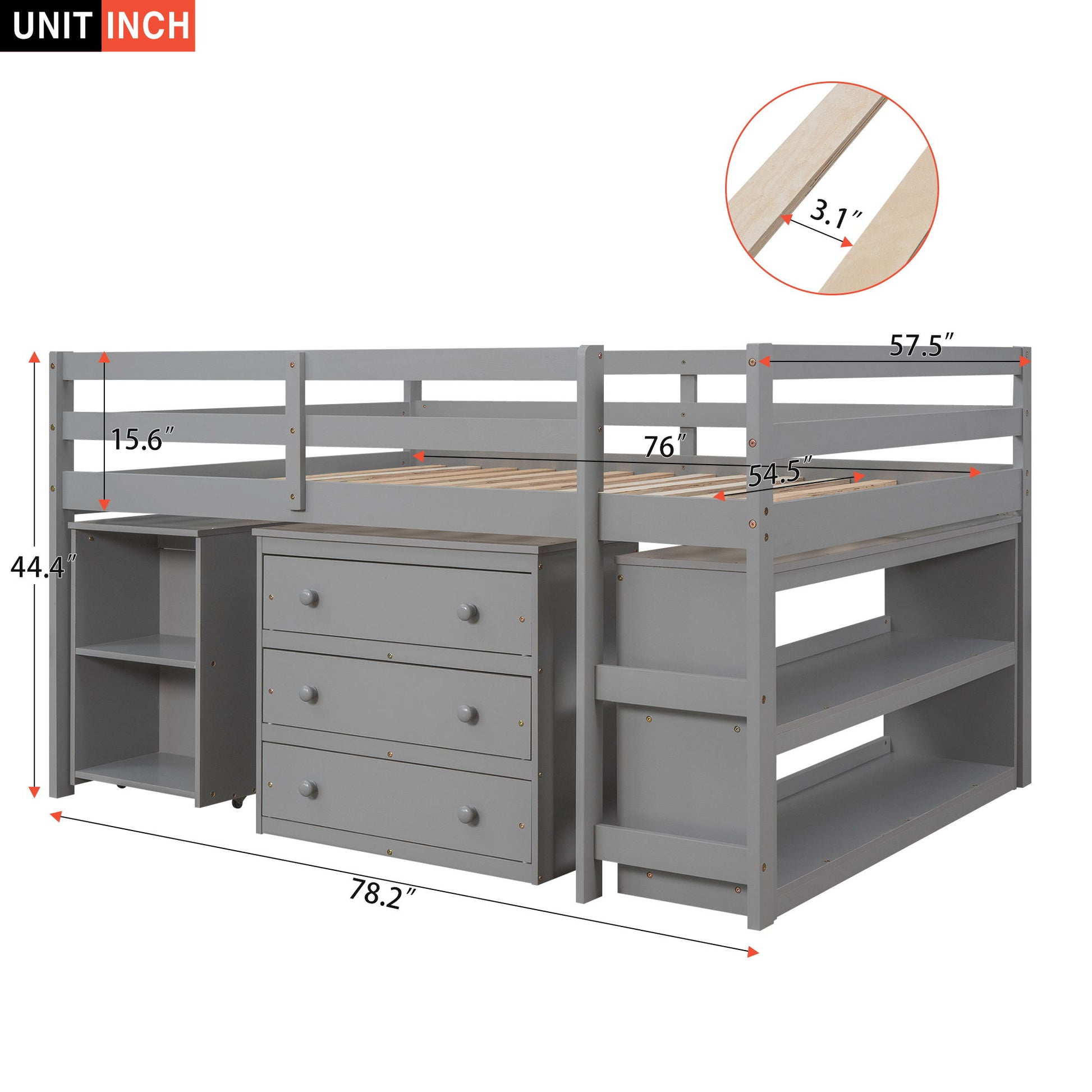 Loft Low Study Bed With Cabinet, Shelves And Rolling Portable Desk, Multiple Functions - The Sleep Loft - Online Mattress Showroom NYC