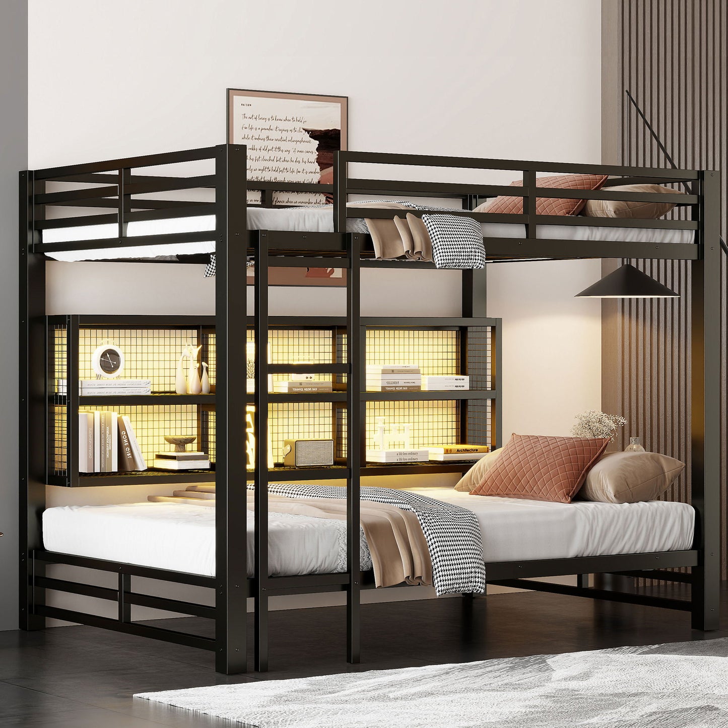 Queen Over Queen Bunk Bed With Storage Cabinets And LED Sturdy Frame, 6 Storage Units, Adjustable LED Lights - Black - The Sleep Loft - Online Mattress Showroom NYC