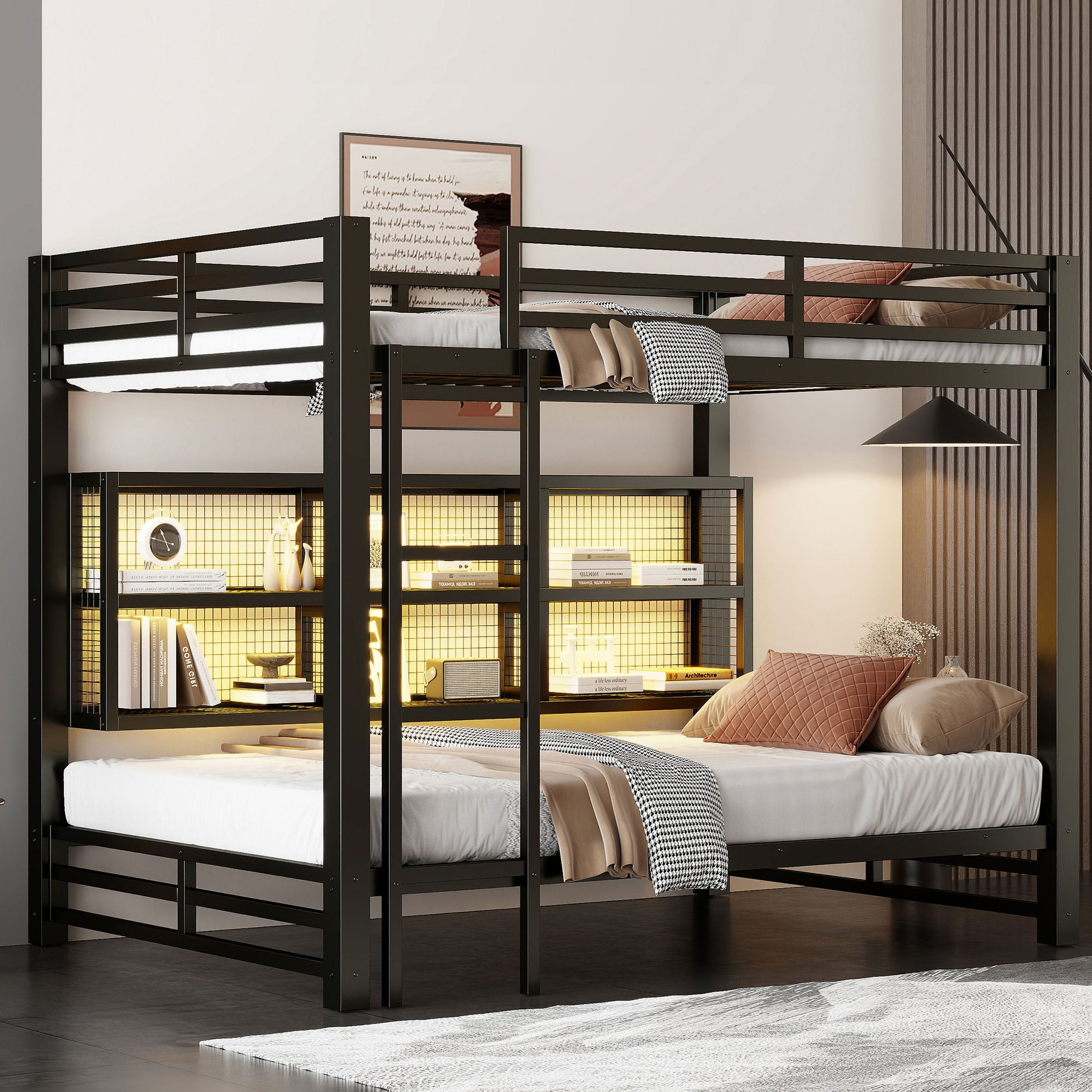 Queen Over Queen Bunk Bed With Storage Cabinets And LED Sturdy Frame, 6 Storage Units, Adjustable LED Lights - Black - The Sleep Loft - Online Mattress Showroom NYC