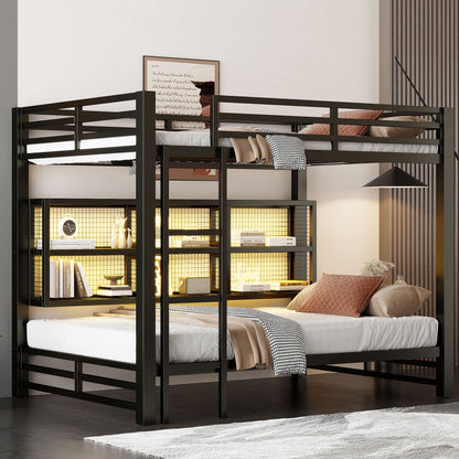 Queen Over Queen Bunk Bed With Storage Cabinets And LED Sturdy Frame, 6 Storage Units, Adjustable LED Lights - Black - The Sleep Loft - Online Mattress Showroom NYC
